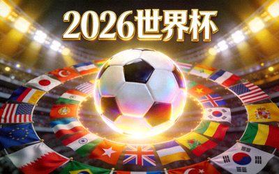 2026年世界杯概念图 - 多个国家国旗环绕着一个发光足球，背景是体育场灯光